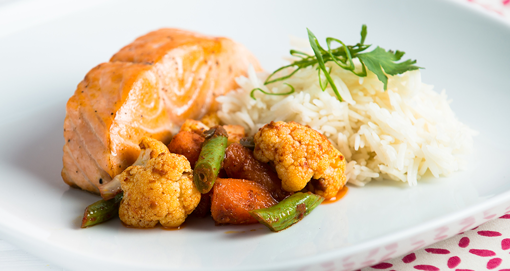 Tandoori Salmon with Biryani Vegetables and Coconut Curry Sauce image