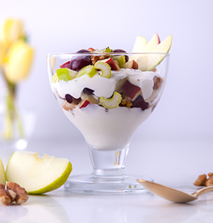 Savoury Parfait (Waldorf Salad) in a fancy glass serving dish