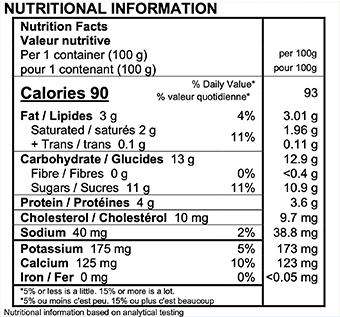 Peach / Strawberry / Blueberry / Vanilla Yogurt Nutrition Label