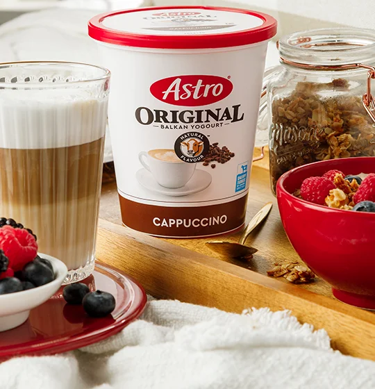 Astro Cappuccino Yogurt tub with a bowl of yogurt, fruit and granola